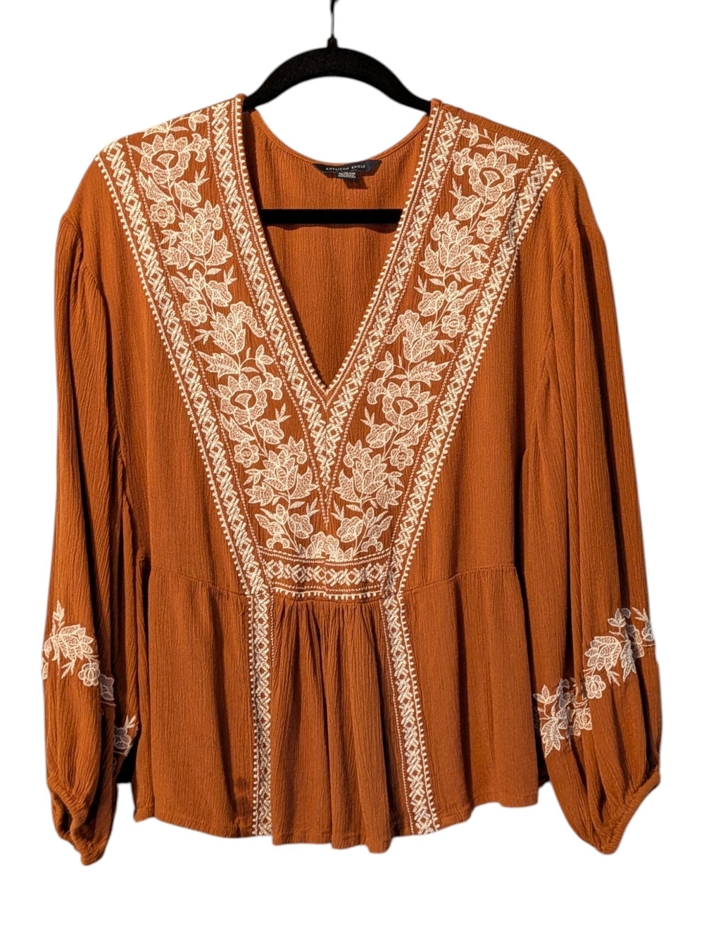 American Eagle Outfitters Rust Peasant Blouse with White Floral Embroidery